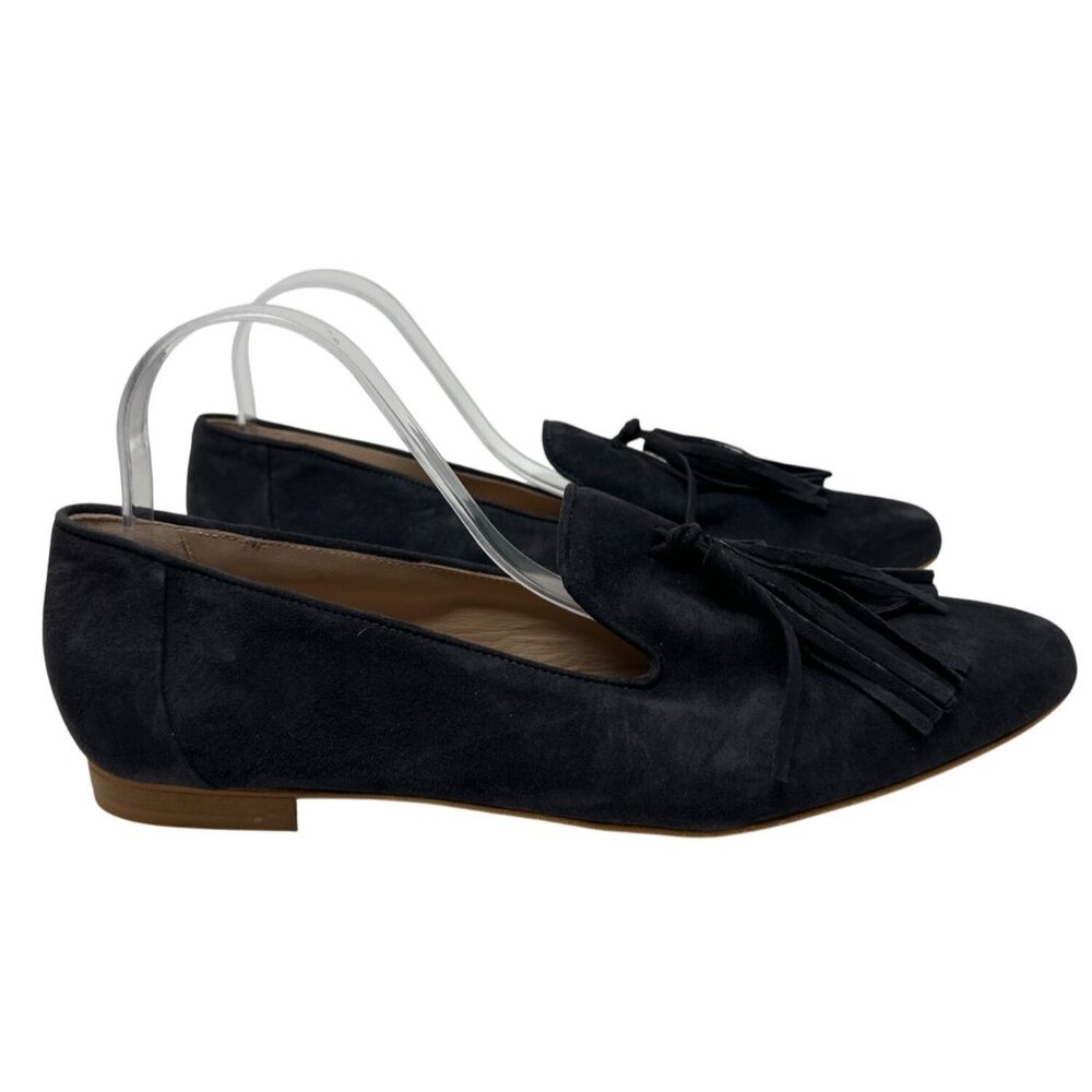 Italeau Black Suede Tassel Loafers Womens Flat Sole Slip-On Elegant Sz 44 US 13